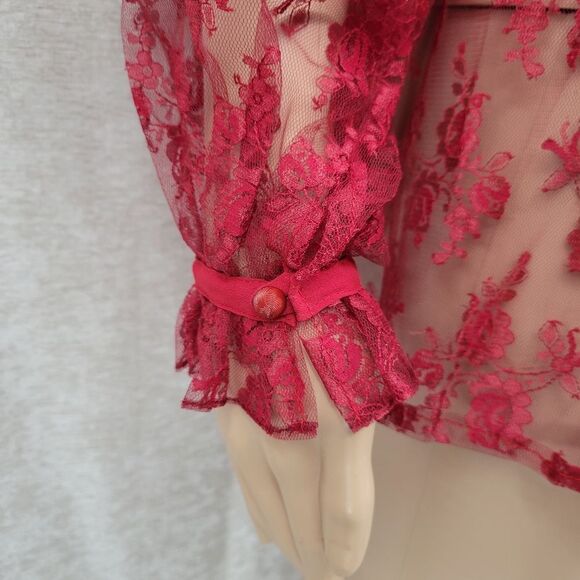 French Cherry Red See Through Lace Coquette Girl Long Sleeves Top Jacket - Picture 7 of 15